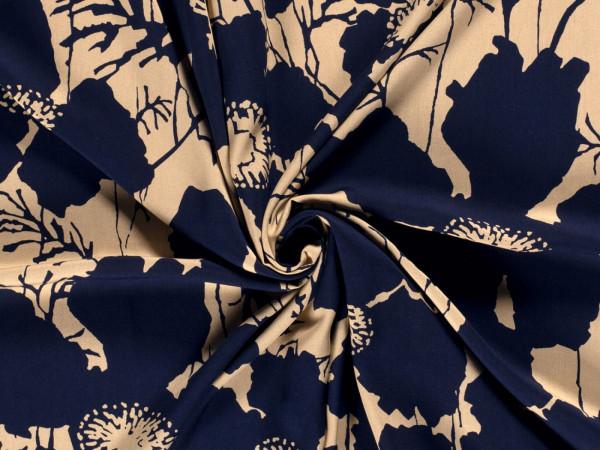 Bamboo Popeline Druck camel, Blumen marine